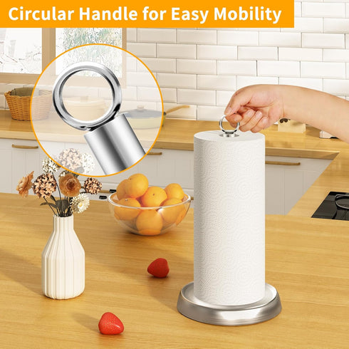 Paper Towel Holder Countertop, Silver Stainless Steel Paper Towel Holder for Standard & Jumbo Rolls, Paper Towel Holder Stand with Weighted Anti-Slip Base for Kitchen Bathroom