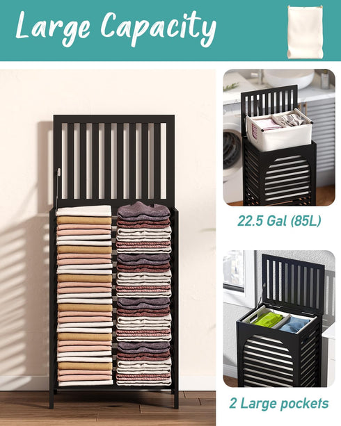 Black Laundry Hamper with Lid, 22.5 Gallon (85L) Bamboo Wood Clothes Basket, Removable Liner and Handles