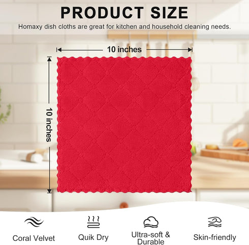 12 Pack (10 10 Inches, Homaxy Kitchen Dish Cloths x Red), Super Soft and Absorbent Coral Velvet Dish Towels, Nonstick