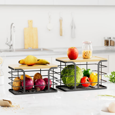 2 Pack Stackable Storage for Kitchen Laundry Pantry Organizers,Trash Bag Holder with Bamboo Top,Wall Mount Garbage Bag