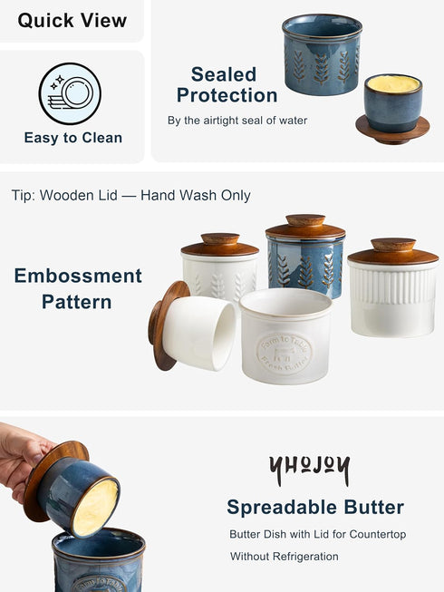 Countertop, Ceramic Butter Dish with Lid, Butter Crock for French Butter Keeper, Elegant Embossed Pattern, Blue