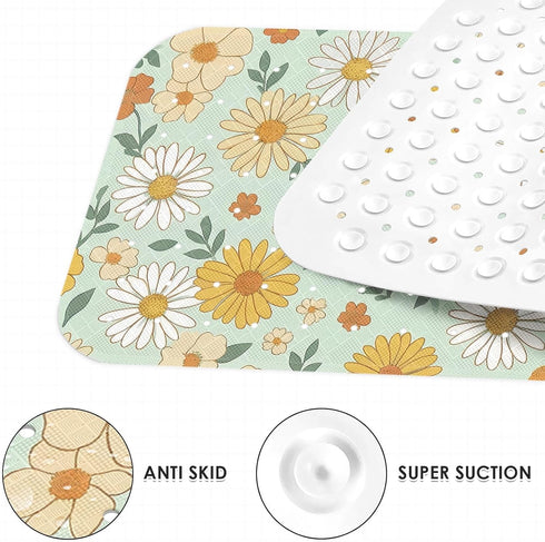 Culudea 40X16 Inch Daisy Retro Floral Bathtub Shower Mat Sage Boho Non-Slip Tub Extra Long Bath Floor Machine Washable