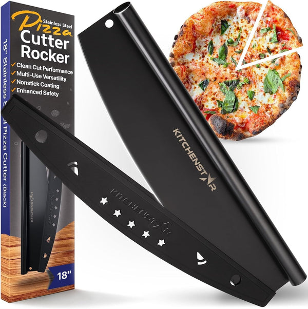 KitchenStar 18-Inch Pizza Cutter Rocker Blade - Sharp Stainless Steel Slicer Knife, Black Nonstick, Extra Large