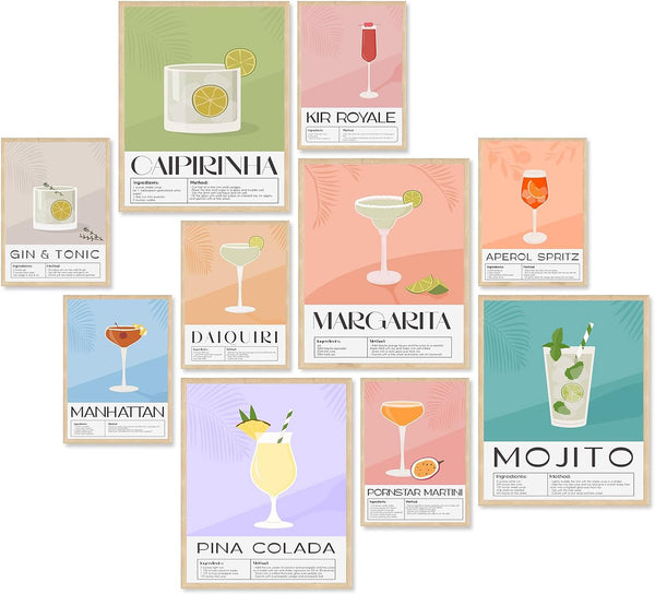 KBKBART Vintage Cocktail Poster Set of 10, Retro Bar Cart Accessories, Colorful