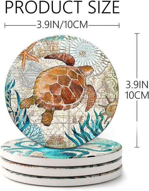 Teivio Absorbing Stone Sea Ocean Life Coasters, Cork Base with Holder, Set of 8 for Coastal Decor