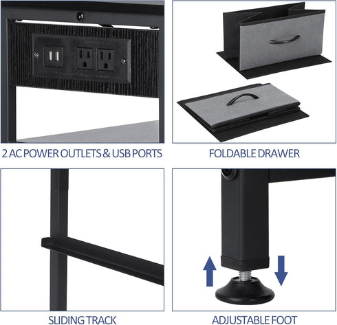 2 NANANARDOSO Nightstand with Charging Station, Small Bedside Table with Fabric Drawers and Storage Shelf, Rustic End