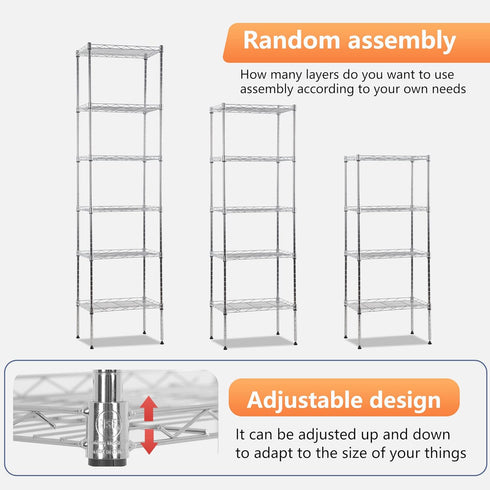 FDW 6 Tier Wire Shelving 17L x 12W x 64H, Adjustable Metal Shelves for Kitchen, Garage, Chrome