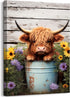 Cute Highland Cow Baby in Bucket Canvas Wall Art, Funny Animal Bathroom Decor, Farmhouse Cow Picture with Colorful