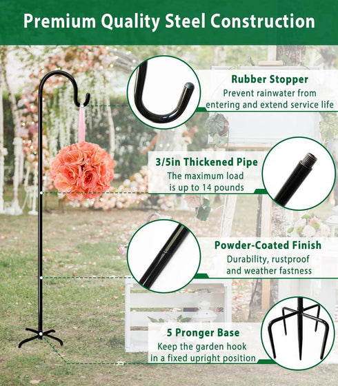 5 60 Inches 3/5 (1 Packs) Artibear Adjustable Outdoor Shepherd Hook Stand with Prong Base, Tall in Thick, Shiny Black