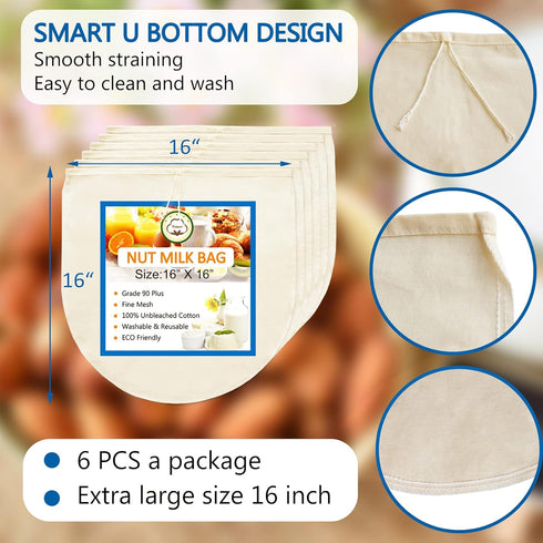 Huppar 6 Pack 16"x16" 100% Nut Milk Bag for Straining, Unbleached Cotton Cloth, Reusable Cheesecloth, Strainer
