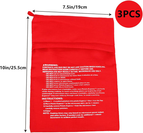 Microwave Potato Bags, 3 Pack Reusable Microwave Cooker Bag, Baked Pouch Potato Bag, Red