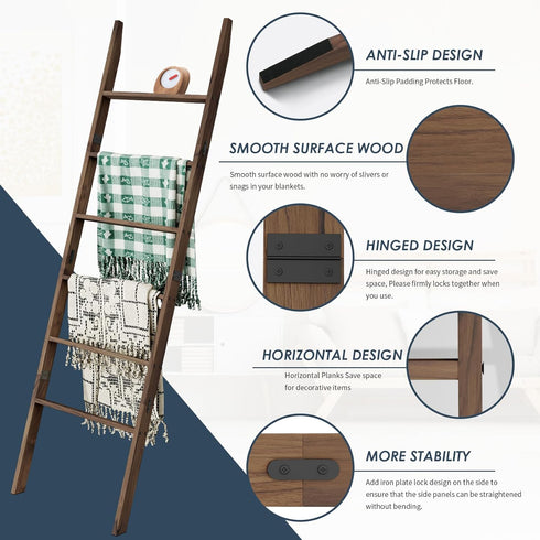 6-Tier 5.7FT(66.5'') Acacia Wood Blanket Ladder, Blanket Quilt Towel Holder Rack Decorative Ladder Wooden, Easy
