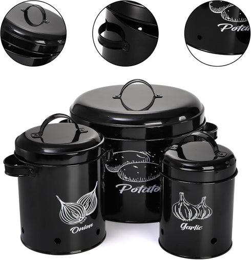 3 Pack Set, Frcctre Vegetable Storage Tins, Potato Onion Garlic Storage Canister Black Metal Kitchen Vegetable Keeper