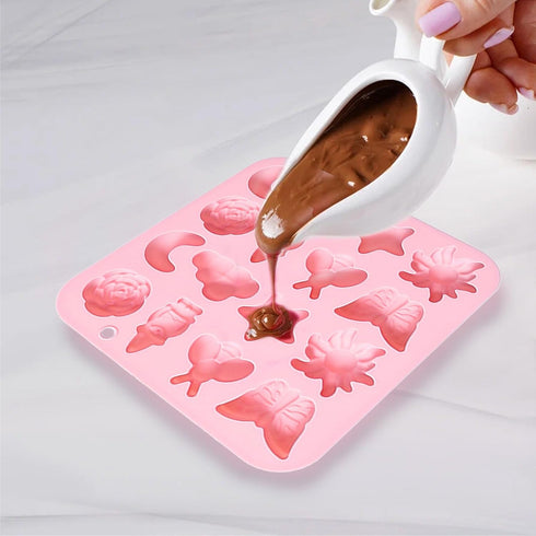Pastoral Style Silicone Chocolate Mold, 16 Cavity Butterfly Bee Flower Moon Star Cloud for Candy, Jelly, Cake Decoration