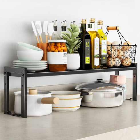 Expandable Cabinet Shelf Organizer, Stackable Kitchen Counter Shelf Rack 16~26", 22LBS Sink Shelf Riser in Black