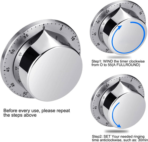 Chef Cooking Timer Clock, Kitchen Timer with Loud Alarm, 100% Mechanical - Silver, 1 Pack, Magnetic Backing, Exquisite