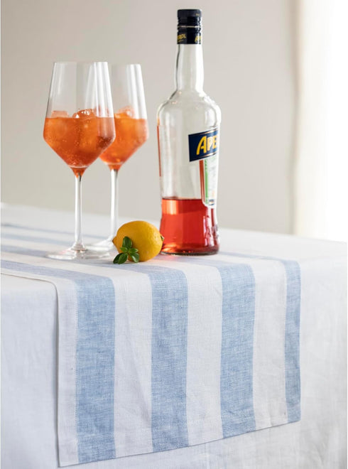 36 Inches 100% 14 36 Inch Summer, Solino Home Linen Table Runner - Cabana Stripe Pure Linen Sky Blue and White Table