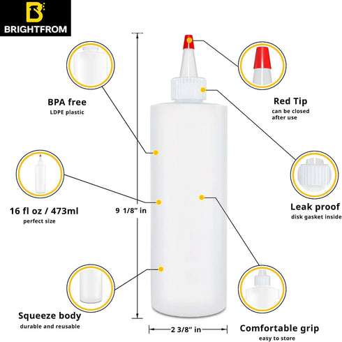 BRIGHTFROM Empty Squeeze Bottles 16 OZ, 2 PACK, BPA Free Squirt Containers for Condiments and Arts