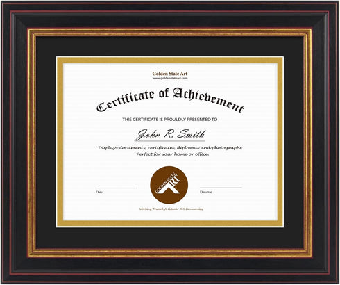 Golden State Art 8x10 Document Frame for 6x8 Diploma/Certificate/Picture, Black Gold & Burgundy, Real Glass