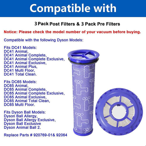 6 Pack Replacement Vacuum Filter for Dyson DC41 DC65 DC66 - 3 Pack Post Filter & 3 Pack Pre Filter