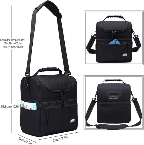MIER 2 Compartment Lunch Bag, Leakproof Insulated Cooler Bag for Work, Black, for Men and Women