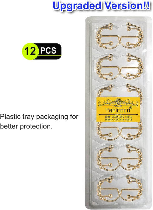 Shower Curtain Hooks Rings for Bathroom, 12PCS Stainless Steel Metal Rust Resistant Double Curtain Hooks (Gold)