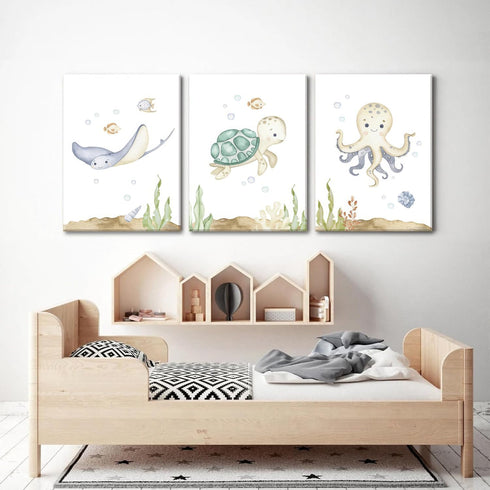 Set 3,Bedroom 12x16in Wodkwq Ocean Nursery Canvas Wall Art,Nursery Wall Decor,Kids Bathroom Decor,Under The Sea