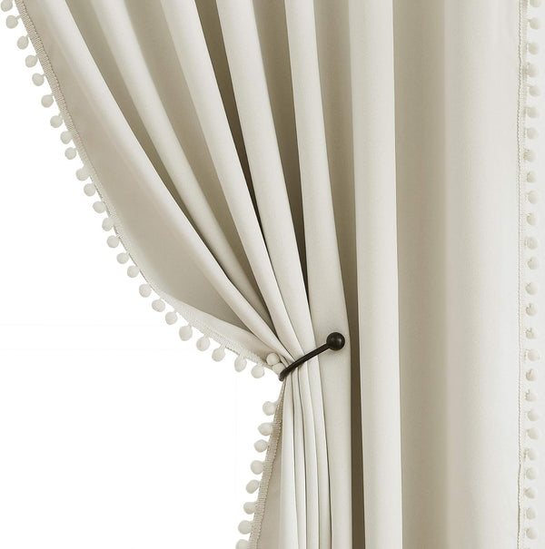 Treatmentex Pompom Window Curtain Panels, Natural 45" Long Ivory Curtain Drapes for Small Windows