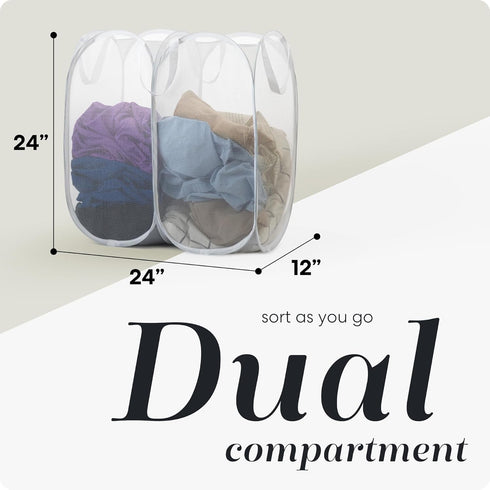 Handy Laundry Mesh Popup Hamper - White, Two Compartments, Collapsible for Easy Storage, Great for Kids Room or Travel.