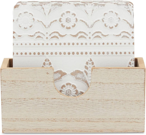 Set 6-3.8 Juvale Wooden Coasters of in, White, Square, Farmhouse Style - Coaster Holder for Coffee Table & Bar Decor