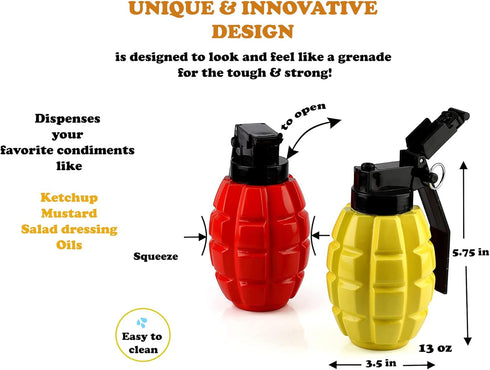 Caliber Gourmet Condiment Dispenser Set - Grenade Shape Squeeze Bottles for BBQ, Camping, Ketchup Mustard, Red & Yellow
