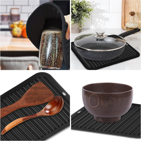 3 PCS Black Silicone Trivets for Hot Pots and Pans, 9"x12" Heat Resistant Non-Slip Potholders for Kitchen Countertops