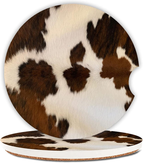 Absorbent Car Coasters 2 Pack - Cow Hide Car Coaster for Drinks, Ceramic Stone Cup Holder with Finger Notch, Brown