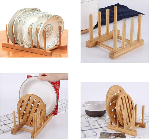 2Pcs Natural Bamboo Slip Drain Dish Rack - Home Kitchen Bamboo Wood Plates Rack for Pans and Cups