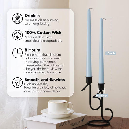 pickood 10-Inch Set 12 New Burning Formula Unscented Dripless Taper Candles of - Baby Blue, for Wedding, Dinner