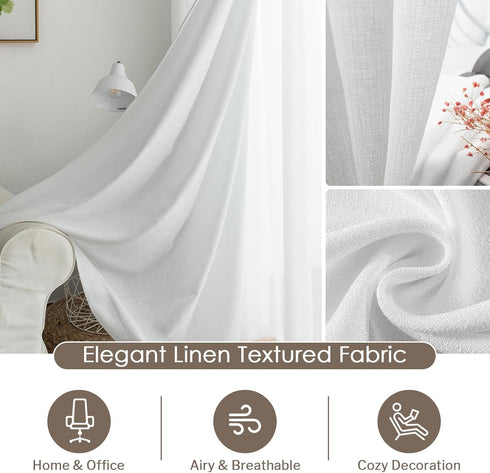 Melodieux White Semi Sheer Curtains, 63 Inch Length for Bedroom Living Room, 2 Panels, Light Filtering Drapes