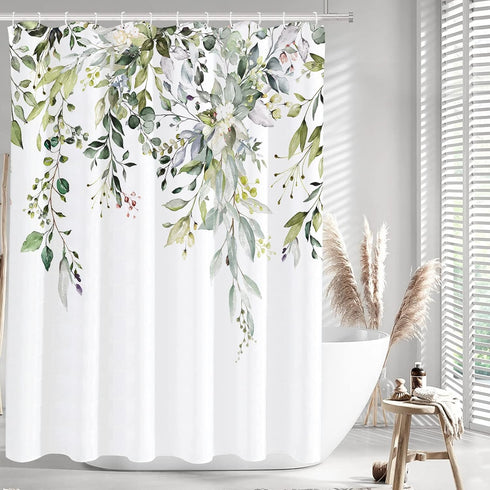 Tititex Sage Green Eucalyptus Shower Curtain, Watercolor Leaves Plant Design, 72x72 Inch with Hooks for Bathroom