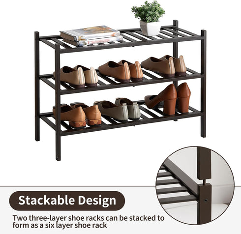 Furshus 3-Tier Closet, Shoe Rack, Bamboo Stackable Shoe Shelf Storage Organizer, Shoe Stand for Entryway and Hallway