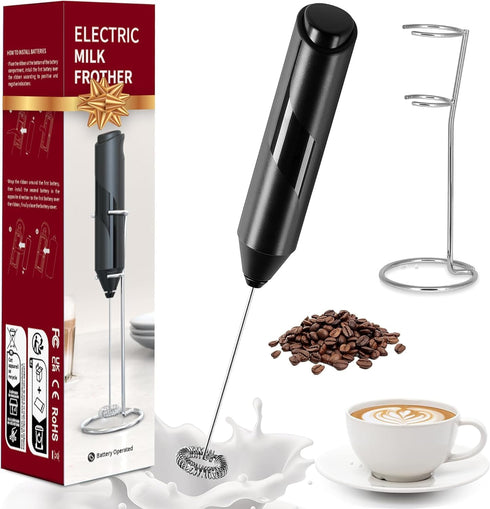 Simple Deluxe Milk Frother, Handheld with Stainless Steel Stand, Battery Operated Whisk for Coffee