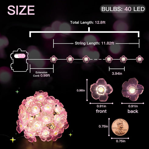 12.8 40 suddus Cherry Blossom Lights, ft LED Flower String Lights Battery Operated with Remote, Pink Fairy Light