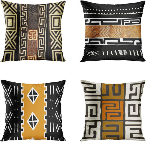 Set of 4 Throw Pillow Covers 20x20 Inch, African Tribal Mud Cloth Inspired Geometric Home Decor Pillowcase