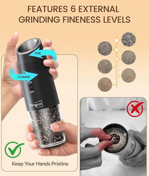 Set 135ml Ringco Gravity Electric Salt and Pepper Grinder with Charging Base, Automatic Gravity Salt and Pepper Mill
