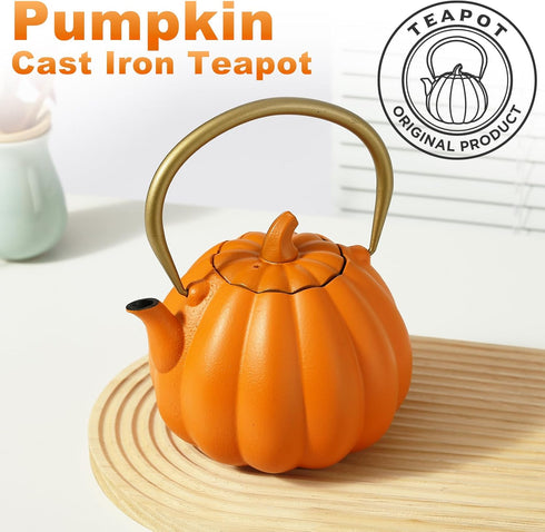 40oz Orange Pumpkin Cast Iron Teapot with Infuser - Japanese Iron Tea Kettle with Enamel Interior, Cute Halloween