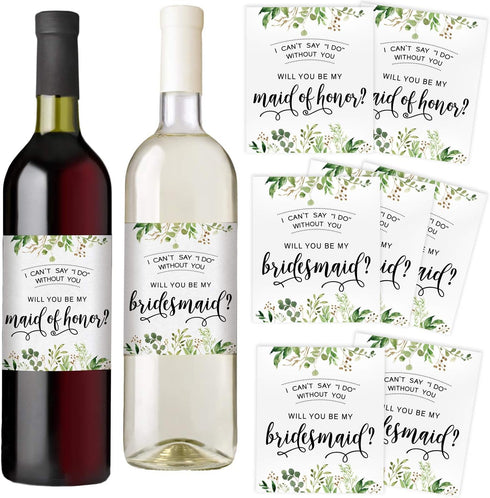 Printed Party Bridesmaid Proposal Wine Bottle Label Gift, Greenery, Set of 8