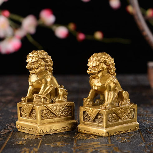 BRABUD 2.8in Fengshui Brass Pair of Fu Foo Dogs Guardian Lion Statues, Housewarming Congratulatory ZD099 Gold