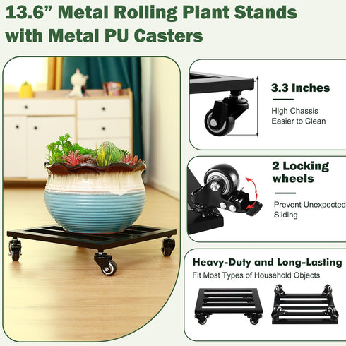 13.6 Large Metal Square Plant Caddy with Wheels Iron Wrought Rolling Plant Stand with Casters Heavy-duty Plant Dolly