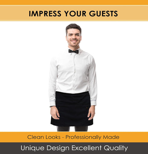 Brtex Server Aprons with 5 Pockets (2 Pack) - Commercial Grade Black Waist Aprons for Women Men, Restaurants Cafes Bars