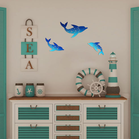 Yaomiao 3 Pieces Metal Dolphin Wall Decor, Beach Coastal Hanging Decorations for Pool Fence