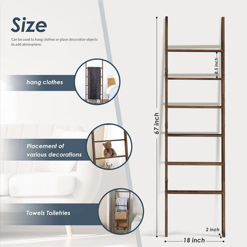 6-Tier 5.7FT(66.5'') Acacia Wood Blanket Ladder, Blanket Quilt Towel Holder Rack Decorative Ladder Wooden, Easy