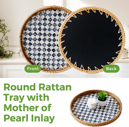 13.8 in Round Rattan Tray with Mother of Pearl Inlay, Wicker Serving Tray Mother for Decor, Rattan Round Wicker Coffee